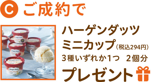 ご成約で ハーゲンダッツ ミニカップ(税込294円) 3種いずれか1つ 2個分 プレゼント